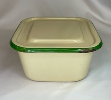 Vintage 1940s Beige And Green Trim Enamelware Refrigerator Storage Box picture