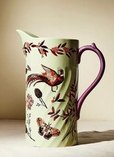 RETIRED Anthropologie Bird & Butterly Elin Pitcher Green Purple Ceramic 11