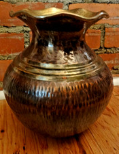Bronze Brass Ruffled Edge Vase 9.5” Hammered Scalloped Decorative Accent picture