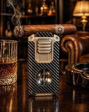 5 in 1 Cigar Lighter Carbon Fiber/Gold Triple Torch w V Cutter Punch & Draw Tool picture