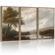 SHENIFY Vintage Landscape Framed Wall Art Riverside Scenery 16x24in 3pcs Natural picture