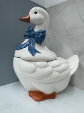 Vintage 80s Country Goose Blue Bow Ceramic Cookie Jar Cottage Core Grandma Chic picture