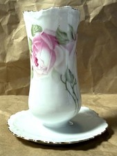 Antique Z.S. & C. Bavaria Marseille Porcelain Hatpin Holder Pink Roses Gold Trim picture