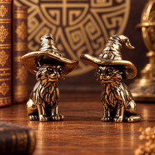 Mini CUTE Brass Wizard Cat Statue Ornament Animal Collectible Witch Halloween picture