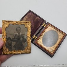 Antique Cased Daguerreotype Portrait -Man,  And Boy Embossed Case 19th Century picture