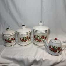 VTG Sears Strawberry Fields Canister & Teapot Set w/Lids Made in Japan 1970's picture