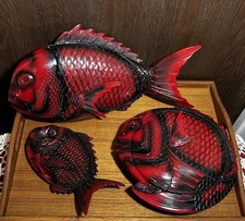 5 PC Antique Japanese Red Lacquer Wood Fish Boxes Handcrafted Japan Lacquerware picture