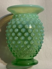 Vintage Mini Fenton Green UV Uranium Opalescent Hobnail Vase Smooth Rim 3.75” picture