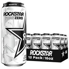 Rockstar Pure Zero Silver Ice Energy Drink Sugar Free 16oz Cans Case 12 Pack New picture