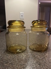 VTG Anchor Hocking Amber Glass Canister Jars W Bubble Lids Set (2) Retro Kitchen picture
