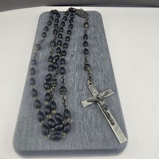 Vintage Estate Rosary Necklace Black Beads Sterling Silver Crucifix 19.5in picture