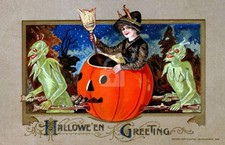 Halloween, Halloween Greetings Witch & Goblins Vintage Reproduction Postcard picture