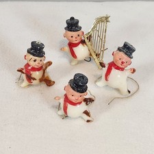 Vintage Mini Celluloid Snowmen Wired Christmas Tree Ornaments Tophat Red Scarf~4 picture