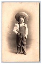 RPPC ~ Houstonia MO ~ Cute little girl in Overalls straw hat portrait picture