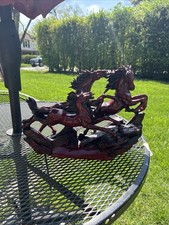Large Mandarin Red Resin 3 Stallions Galloping Horses Chinese Figurine Sculpture picture