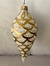 Vintage Rare 1980s Blown Glass Teardrop White and Gold Mica Ornament 5.5” x 2.5” picture