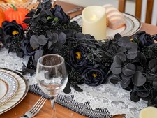 6FT Black Halloween Garland with 10 Black Roses, Berry & Eucalyptus Leaves picture