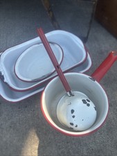 Vtg Lot Red & White Enamelware 5 Piece Lot picture