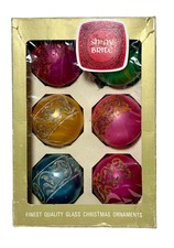 Set/6 VTG 1960s West German Mercury Glass Mica Stenciled Ball Ornaments Box picture