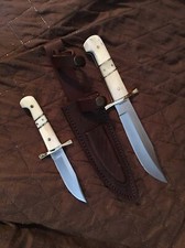 Real Bone Handle Bowie 2 Knife Set New Full Tang Fixed Blade and Leather Sheath picture