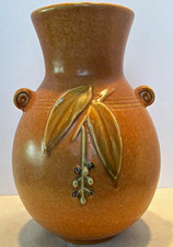 Vintage 1933 Weller Pottery Cornish Vase Amber Orange Handled Art Deco 1930s picture