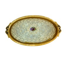 Antique Victorian Celluloid Vanity Tray Floral Lace Inlay Oval Perfume Holder picture