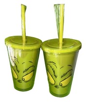 Dr. Seuss Grinch Green 16oz Tumblers with Straws Set of 2 Christmas NEW picture