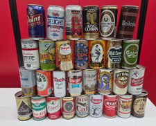 30 vintage beer cans mostly pull tabs 16 bottom opened  22 of 30 steel crimps picture