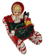 Vintage 1956 Lefton Christmas Girl Candy Cane Sleigh Figurine Japan Signed picture