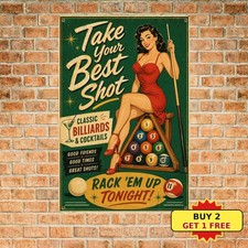 Retro Pinup Girl Playing Billiards Pool Table Man Cave Pub Bar Metal Sign 8x12 picture