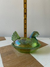 Green iridescent glass hen covered dish with lid picture