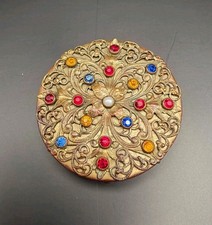 Antique 1916 Jeweled Filigree Ormolu Multicolor Crystal/ Faux Pearl Compact picture