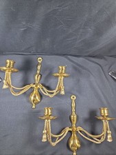 Set 2 Vintage Solid Brass Candle Holder 2 Arm Wall Sconces Twisted Rope Tassel picture