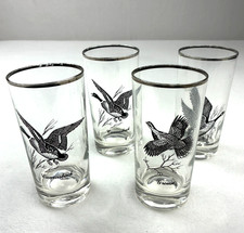 4 VTG Federal Sportsman Game Bird Highball Glasses MCM 50’s Silver Rim picture