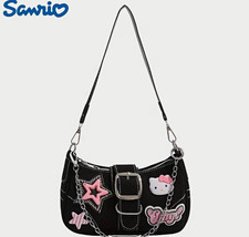 Sanrio Hello Kitty Black Shoulder Bag Purse w/ Chain Patches Adjustable Strap picture