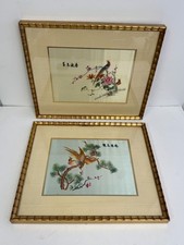 x2 Vtg Framed Silk Thread Embroidery On Cream Silk Colorful Birds 18x15 picture