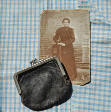 Antique Card Photo of a Ukrainian Immigrant & A Early 1900's Leather Coin Purse picture