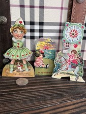 Lot of 3 Vtg German Mechanical Valentine Cards Moving Parts Girls Horse Sunset picture