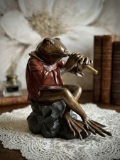 Vintage Solid Brass Frog Playing Flute Statue Heavy Oriental Kimono Toad 11.5