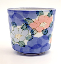 Japanese Porcelain Yunomi Tea Cup Blue Pink White Floral Juzan Mark 3