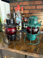 Set of 2 Vintage Railroad Lanterns, Black & Green Metal with Red Glass Globes picture