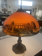 Antique 1920’s Art Nouveau Reverse Painted Shade Lamp Cast Iron Brass Landscape picture