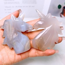 1pc  Natural crystal unicorn head Aagte unicorn skull carving Home decoration picture