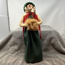 Vintage 1986 Buyers Choice Caroler Woman Green Dress with Red Scarf And Fur Mitt picture