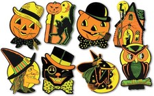 8 Retro Cutout Halloween Decorations Pumpkin Witch Cat Vintage Style by Beistle picture