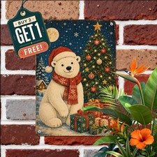 Polar Bear Winter Christmas Metal Sign Holiday Pine Tree Tin Wall Plaque picture