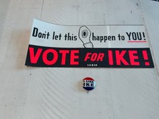 Vintage 1950s Eisenhower I LIKE IKE Pin Button & Vote For Ike Bumper Sticker picture
