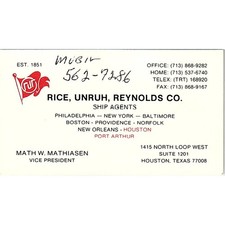 Math W Mathiasen Rice, Unruh, Reynolds Co Houston Vintage Business Card SC9-B1 picture
