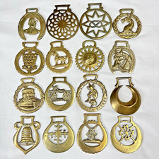 Brass Horse Medallion Lot of 16 Antique to Vintage Horseshoe Sun Bell Jockey picture