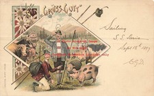 Gruss Gott, Good Day, Alpine Hikers with a Farmers with Pig, Sheep & Cow, 1897 picture